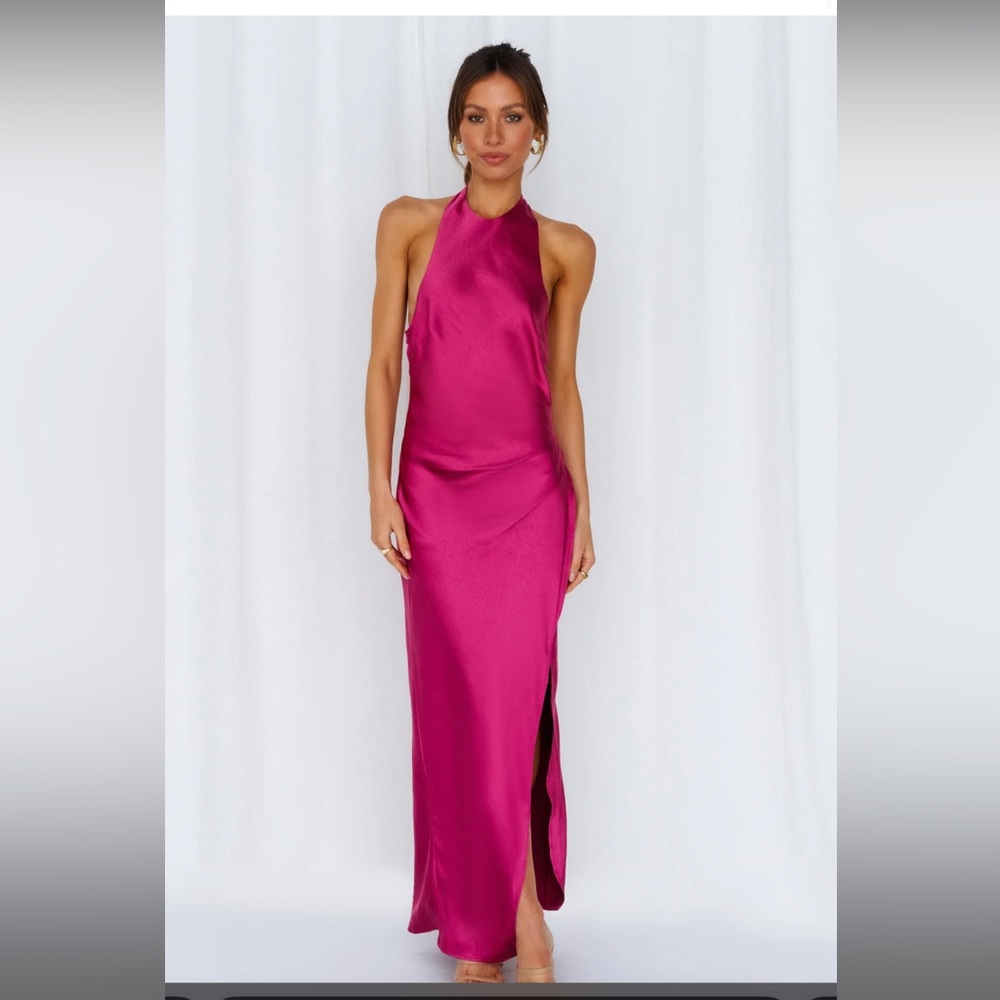 Hello Molly Satin Fuchsia pink midi dress